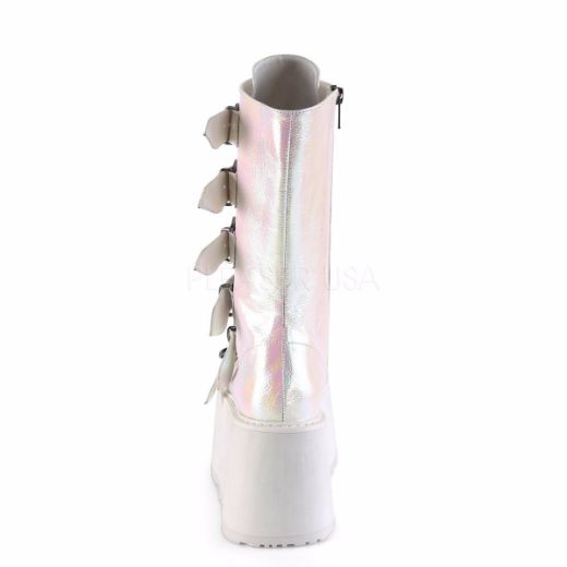 Product image of Demonia DAMNED-225 Pearl Iridescent Vegan Faux Leather 3 1/2 inch Platform Mid-Calf Boot With  6 Buckles Straps Metal Side Zip