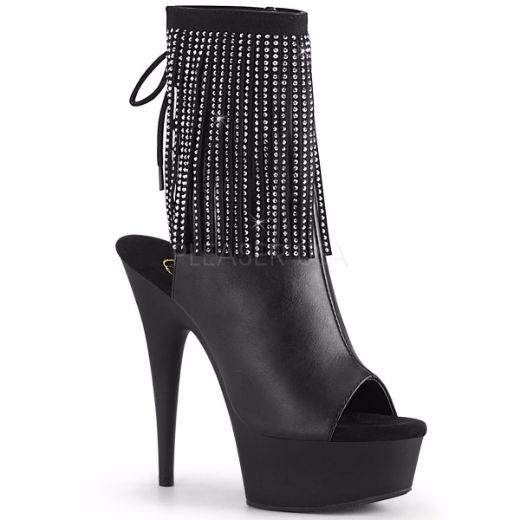 Product image of Pleaser DELIGHT-1018RSF Black Faux Leather/Black Matte 6 inch (15.2 cm) Heel 1 3/4 inch (4.5 cm) Platform Open Toe Rhinestones Fringe Ankle Boot Side Zip