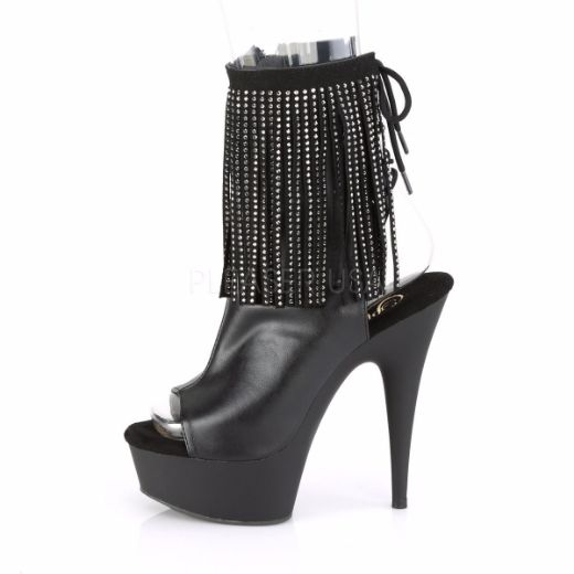 Product image of Pleaser DELIGHT-1018RSF Black Faux Leather/Black Matte 6 inch (15.2 cm) Heel 1 3/4 inch (4.5 cm) Platform Open Toe Rhinestones Fringe Ankle Boot Side Zip