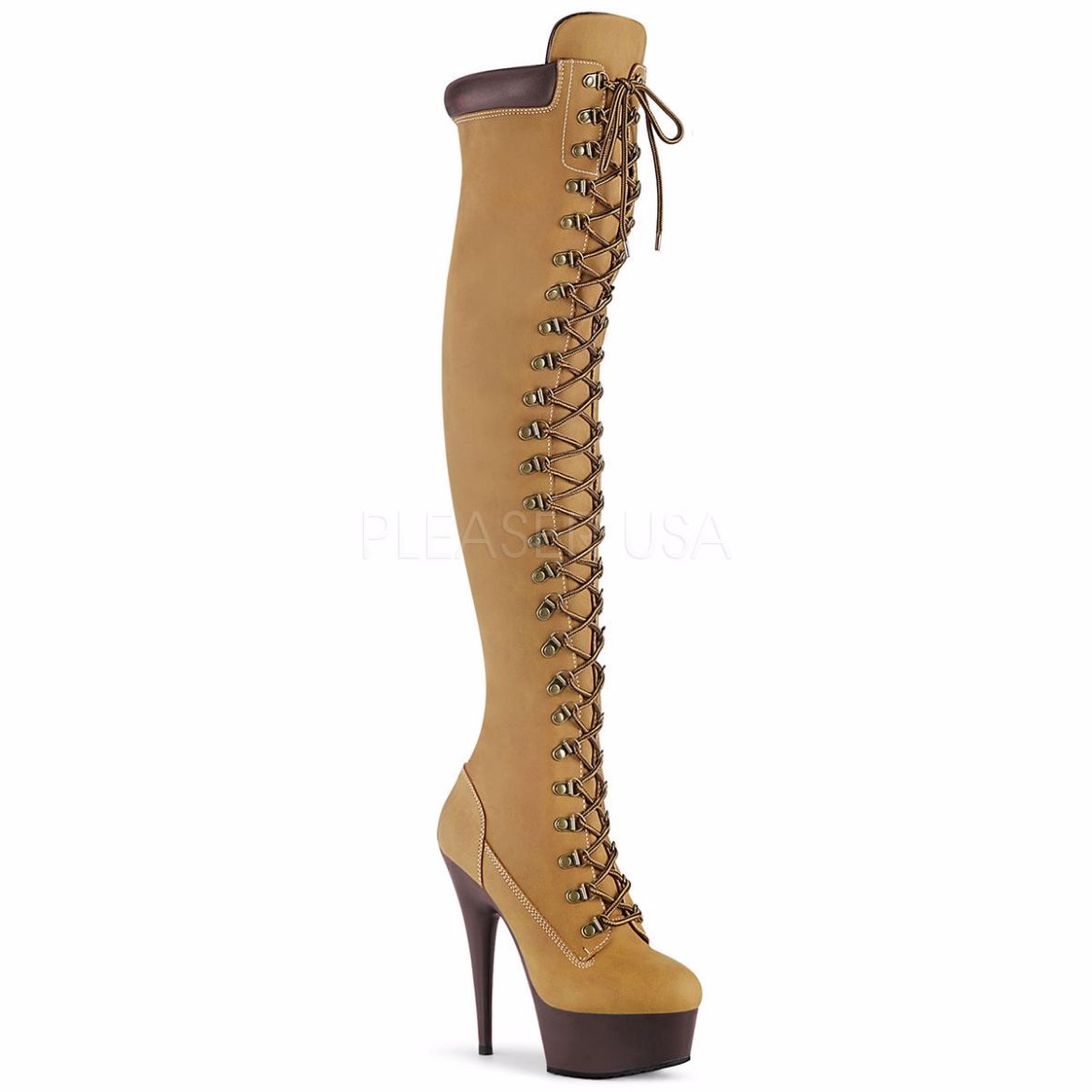 Product image of Pleaser DELIGHT-3000TL Tan Faux Suede Faux Leather/Dark Brown Matte 6 inch (15.2 cm) Heel 1 3/4 inch (4.5 cm) Platform Lace-Up Front Thigh High Boot Side Zip