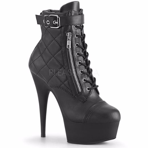 Product image of Pleaser DELIGHT-600-05 Black Faux Leather/Black Matte 6 inch (15.2 cm) Heel 1 3/4 inch (4.5 cm) Platform Lace-Up Front Ankle Bootie Side Zip