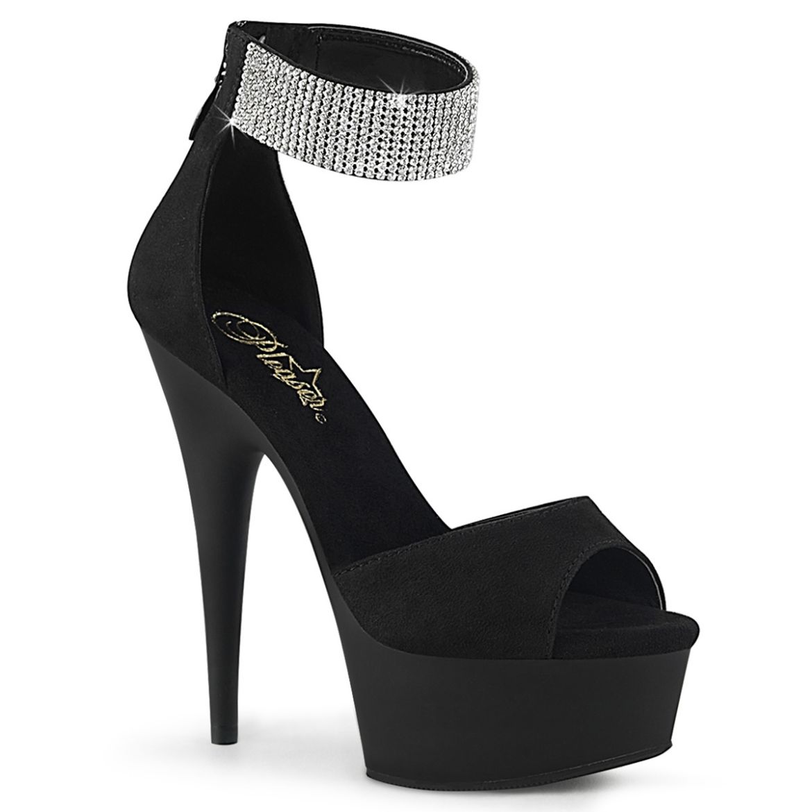 Product image of Pleaser DELIGHT-625 Black Faux Suede/Black Matte 6 inch (15.2 cm) Heel 1 3/4 inch (4.5 cm) Platform D'orsay Sandal With  Rhinestones Back Zip Shoes