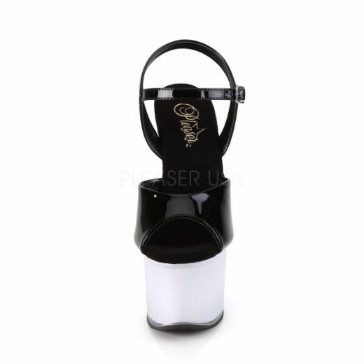 Product image of Pleaser DISCOLITE-709 Black Patent/White Glow 7 inch (17.8 cm) Heel 2 3/4 inch (7 cm) Platform Led Illuminated Ankle Strap Sandal
