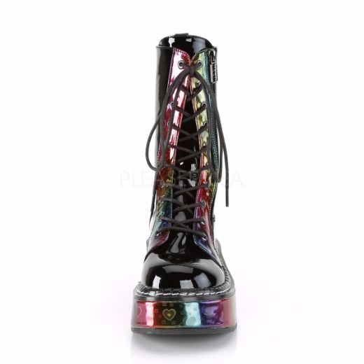 Product image of Demonia EMILY-350 Black Patent-Rainbow Holographic With  Hearts 2 inch Platform Calf High Lace-Up Boot With  Outer Metal Zip