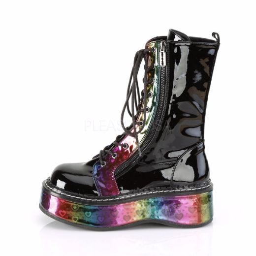 Product image of Demonia EMILY-350 Black Patent-Rainbow Holographic With  Hearts 2 inch Platform Calf High Lace-Up Boot With  Outer Metal Zip