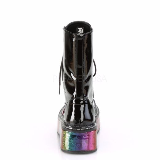 Product image of Demonia EMILY-350 Black Patent-Rainbow Holographic With  Hearts 2 inch Platform Calf High Lace-Up Boot With  Outer Metal Zip