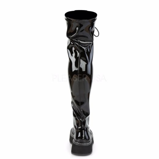 Product image of Demonia EMILY-375 Black Patent 2 inch Platform Stretch Thigh-High Lace-Up Boot With  Outer Metal Zip