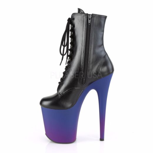 Product image of Pleaser FLAMINGO-1020BP Black Faux Leather/Blue-Purple Ombre 8 inch (20 cm) Heel 4 inch (10 cm) Platform Lace-Up Ankle Boot Side Zip