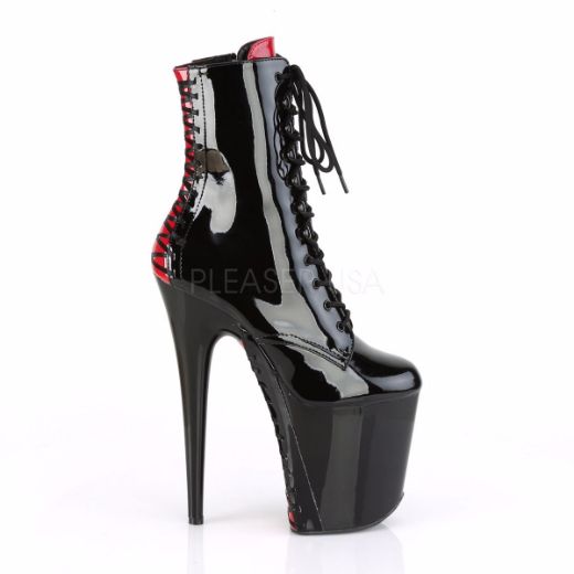 Product image of Pleaser FLAMINGO-1020FH Black Patent/Black 8 inch (20 cm) Heel 4 inch (10 cm) Platform Two Tone Lace-Up Ankle Boot Side Zip
