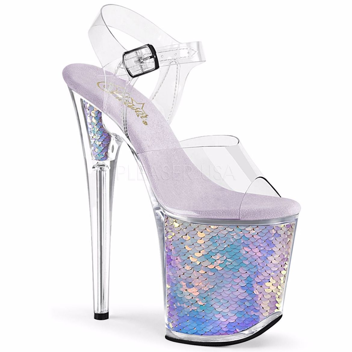 Product image of Pleaser FLAMINGO-808MC Clear/Lavender Holographic Inserts 8 inch (20 cm) Heel 4 inch (10 cm) Platform Ankle Strap Sandal