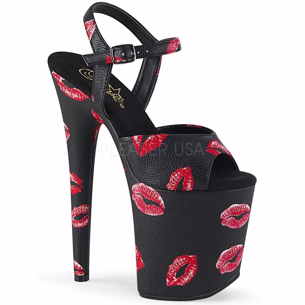 Product image of Pleaser FLAMINGO-809KISSES Black Faux Leather/Black Faux Leather 8 inch (20 cm) Heel 4 inch (10 cm) Platform Ankle Strap Sandal With  Lip Print Shoes