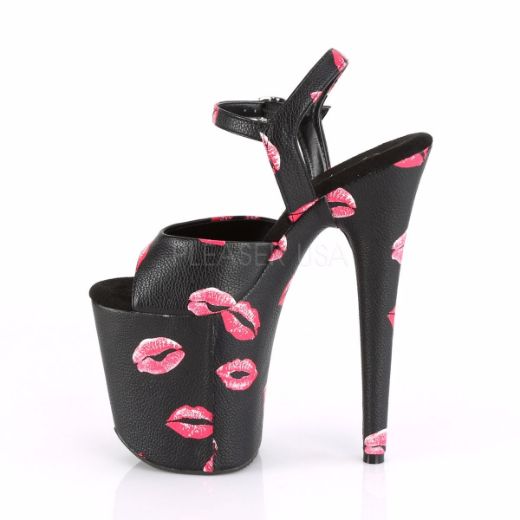 Product image of Pleaser FLAMINGO-809KISSES Black Faux Leather/Black Faux Leather 8 inch (20 cm) Heel 4 inch (10 cm) Platform Ankle Strap Sandal With  Lip Print Shoes