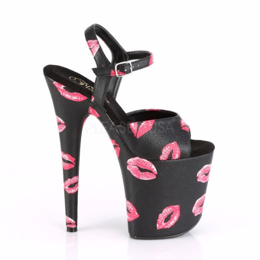 Product image of Pleaser FLAMINGO-809KISSES Black Faux Leather/Black Faux Leather 8 inch (20 cm) Heel 4 inch (10 cm) Platform Ankle Strap Sandal With  Lip Print Shoes
