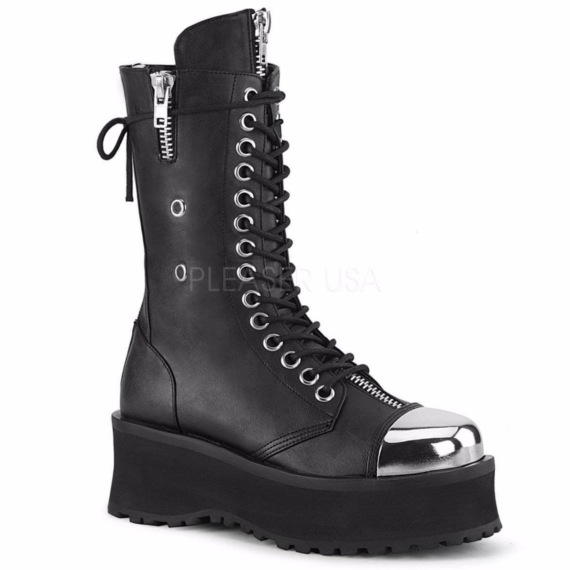 Product image of Demonia GRAVEDIGGER-14 Black Vegan Faux Leather 2 3/4 inch Platform Lace-Up Mid Calf Boot Back Metal Zip