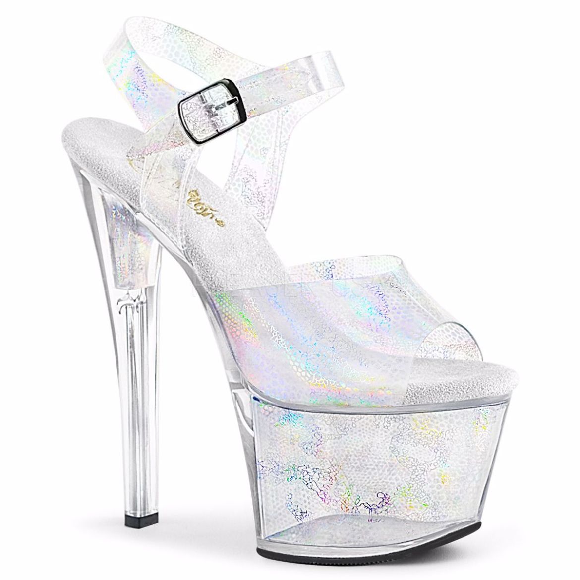 Product image of Pleaser SKY-308N Silver Holographic Polyurethane (Pu)/Silver Holographic Inserts 7 inch (17.8 cm) Heel 2 3/4 inch (7 cm) Platform Rreptile Ankle Strap Sandal Shoes