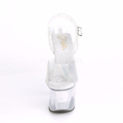 Product image of Pleaser SKY-308N Silver Holographic Polyurethane (Pu)/Silver Holographic Inserts 7 inch (17.8 cm) Heel 2 3/4 inch (7 cm) Platform Rreptile Ankle Strap Sandal Shoes