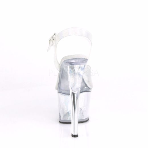 Product image of Pleaser SKY-308N Silver Holographic Polyurethane (Pu)/Silver Holographic Inserts 7 inch (17.8 cm) Heel 2 3/4 inch (7 cm) Platform Rreptile Ankle Strap Sandal Shoes