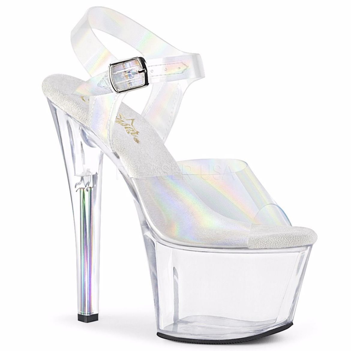 Product image of Pleaser SKY-308N-RBH Clear Holographic Polyurethane (Pu)/Clear 7 inch (17.8 cm) Heel 2 3/4 inch (7 cm) Platform Ankle Strap Sandal With  Rainbow Heel Shoes