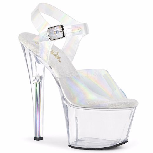 Product image of Pleaser SKY-308N-RBH Clear Holographic Polyurethane (Pu)/Clear 7 inch (17.8 cm) Heel 2 3/4 inch (7 cm) Platform Ankle Strap Sandal With  Rainbow Heel Shoes