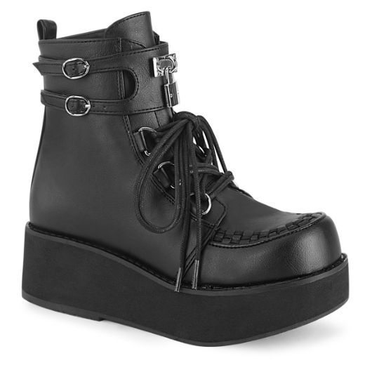 Product image of Demonia SPRITE-70 Black Vegan Faux Leather 2 1/4 inch Platform Lace-Up Ankle Boot Side Zip