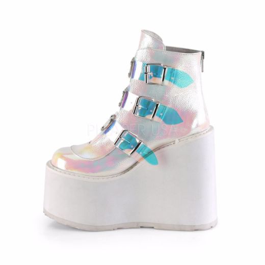 Product image of Demonia SWING-105 Pearl Iridescent Vegan Faux Leather 5 1/2 inch Platform Ankle Boot With  3 Buckles Straps Back Metal Zip