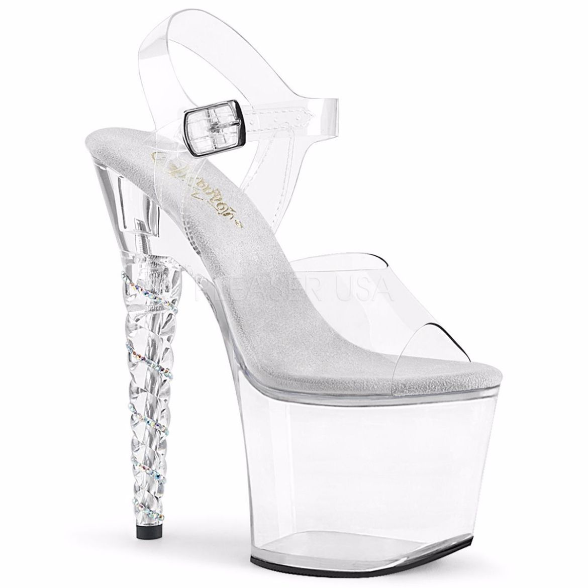 Product image of Pleaser UNICORN-708RSH Clear/Clear 7 inch (17.8 cm) Unicorn Heel 3 1/4 inch (8.3 cm) Platform Ankle Strap Sandal With  Rhinestones Heel Shoes