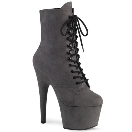 Product image of Pleaser ADORE-1020FS Grey Faux Suede/Grey Faux Suede 7 inch (17.8 cm) Heel 2 3/4 inch (7 cm) Platform Lace-Up Front Ankle Boot Side Zip