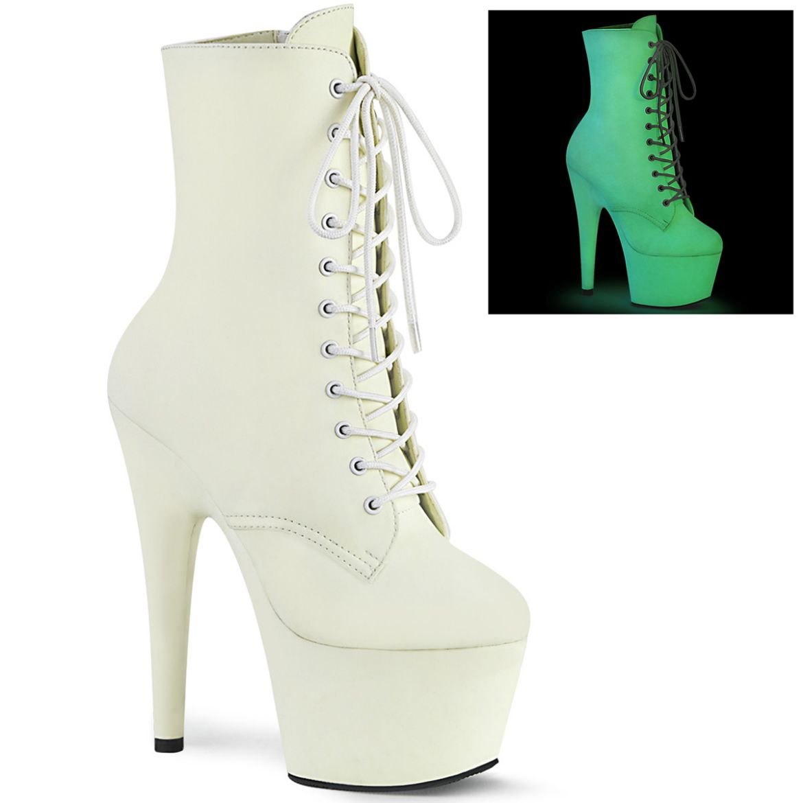 Product image of Pleaser ADORE-1020GD White Glow F.Faux Leather/White Glow F.Faux Leather 7 inch (17.8 cm) Heel 2 3/4 inch (7 cm) Platform Lace-Up Front Ankle Boot Side Zip