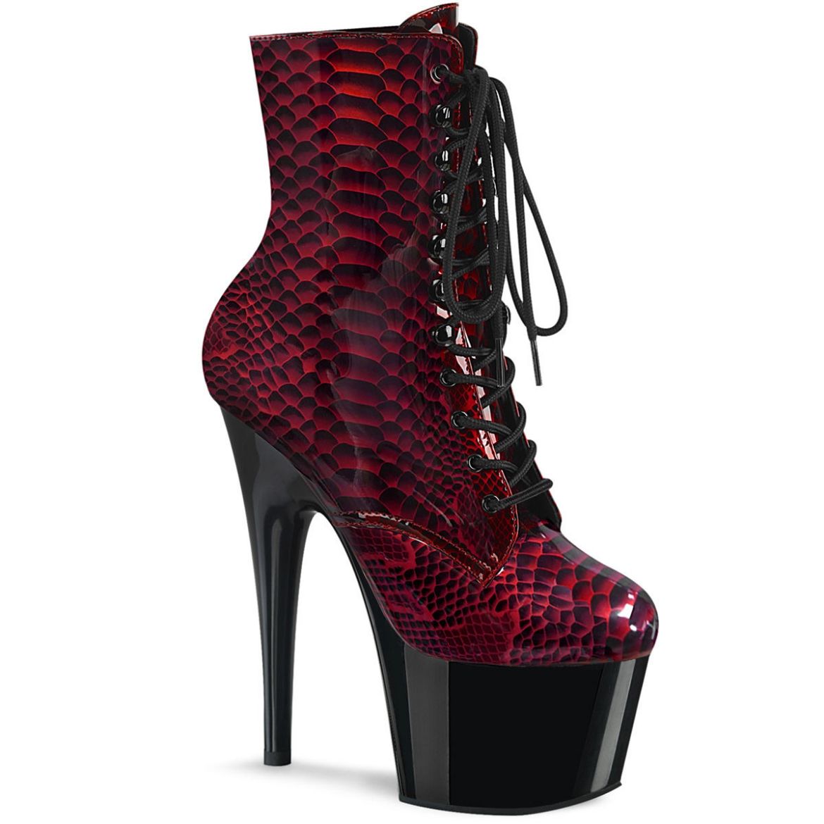 Product image of Pleaser ADORE-1020SP Red Animal Print Print Patent/Black 7 inch (17.8 cm) Heel 2 3/4 inch (7 cm) Platform Lace-Up Front Ankle Boot Side Zip