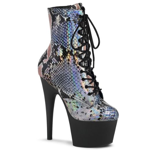 Product image of Pleaser ADORE-1020SP Silver Holographic Animal Print Print/Black Matte 7 inch (17.8 cm) Heel 2 3/4 inch (7 cm) Platform Lace-Up Front Ankle Boot Side Zip
