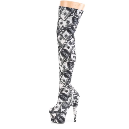 Product image of Pleaser ADORE-3000DP White-Black Stretch Fabric/White-Black Fabric 7 inch (17.8 cm) Heel 2 3/4 inch (7 cm) Platform Stretch Thigh Boot Side Zip