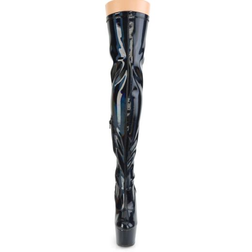 Product image of Pleaser ADORE-3000HWR Black Stretch Holographic/Black Holographic 7 inch (17.8 cm) Heel 2 3/4 inch (7 cm) Platform Stretch Thigh Boot Side Zip Thigh High Boot