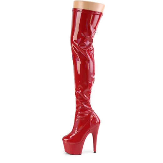 Product image of Pleaser ADORE-3000HWR Red Stretch Holographic/Red Holographic 7 inch (17.8 cm) Heel 2 3/4 inch (7 cm) Platform Stretch Thigh Boot Side Zip Thigh High Boot