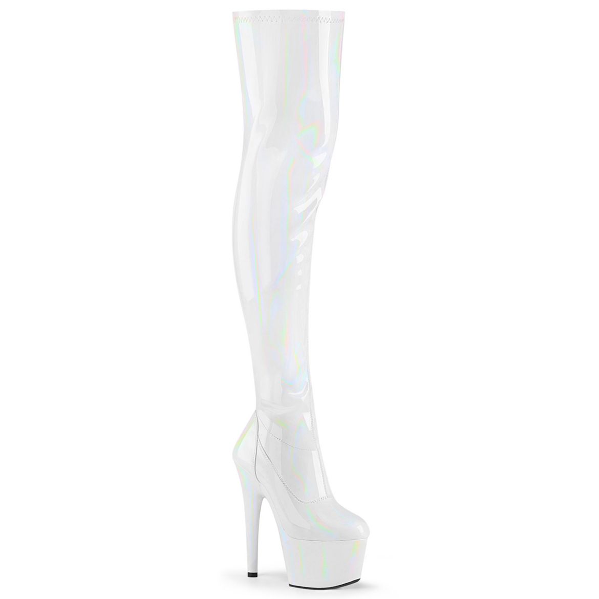 Product image of Pleaser ADORE-3000HWR White Stretch Holographic/White Holographic 7 inch (17.8 cm) Heel 2 3/4 inch (7 cm) Platform Stretch Thigh Boot Side Zip Thigh High Boot