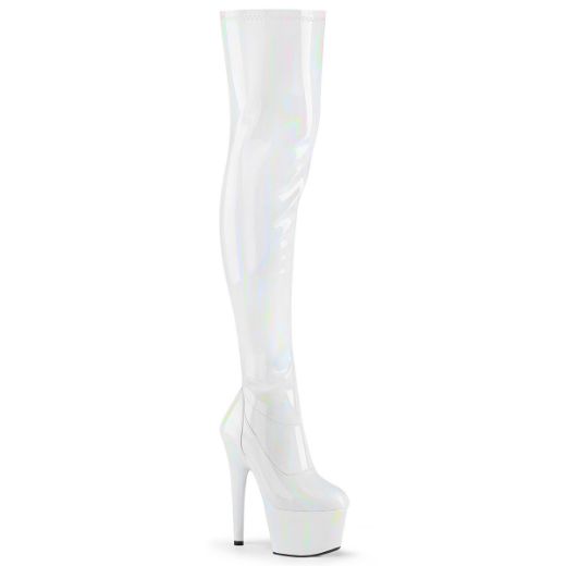 Product image of Pleaser ADORE-3000HWR White Stretch Holographic/White Holographic 7 inch (17.8 cm) Heel 2 3/4 inch (7 cm) Platform Stretch Thigh Boot Side Zip Thigh High Boot