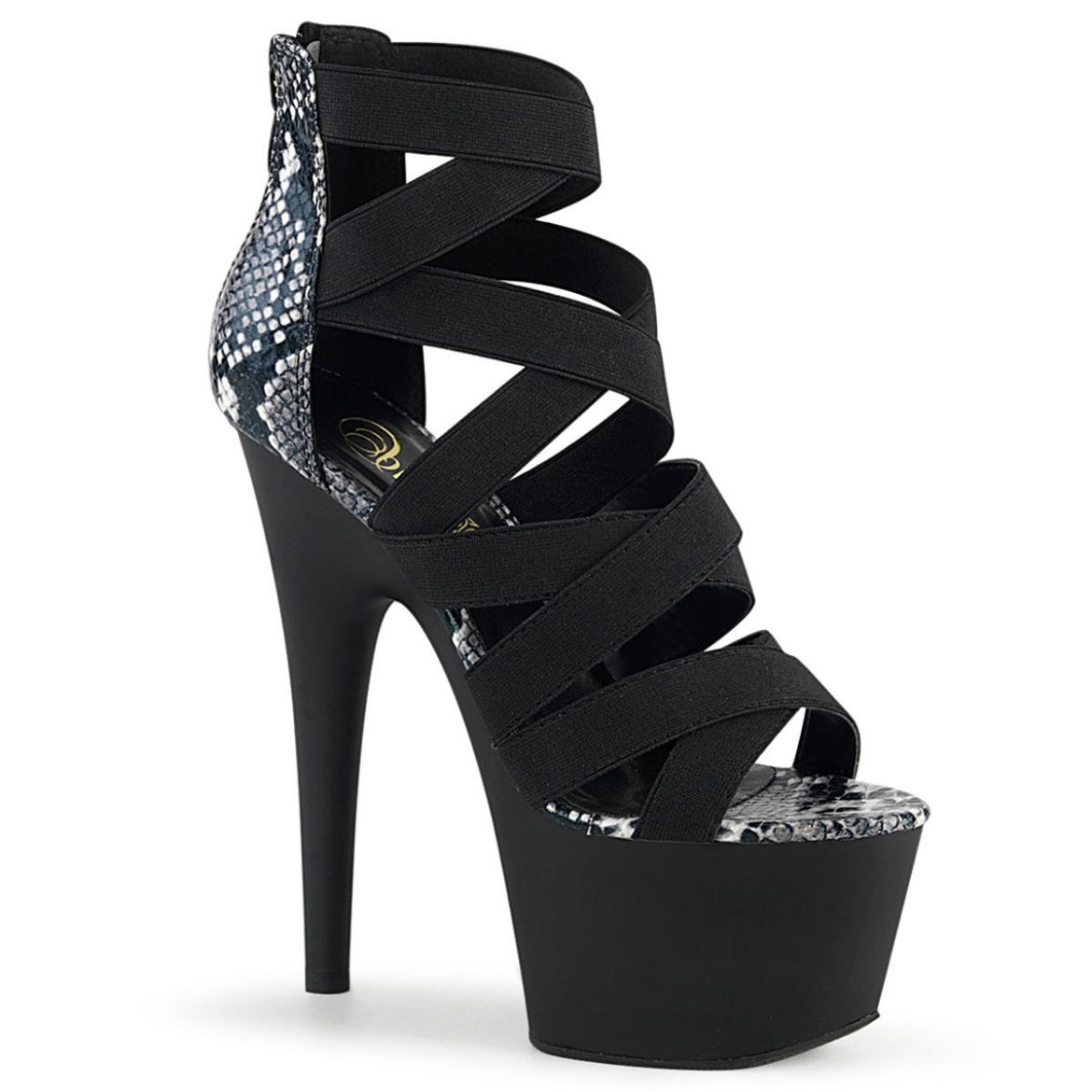 Product image of Pleaser ADORE-748SP Black Elastic Band-Animal Print Print Patent/Black Matte 7 inch (17.8 cm) Heel 2 3/4 inch (7 cm) Platform Close Back Criss Cross Sandal Back Zip Shoes
