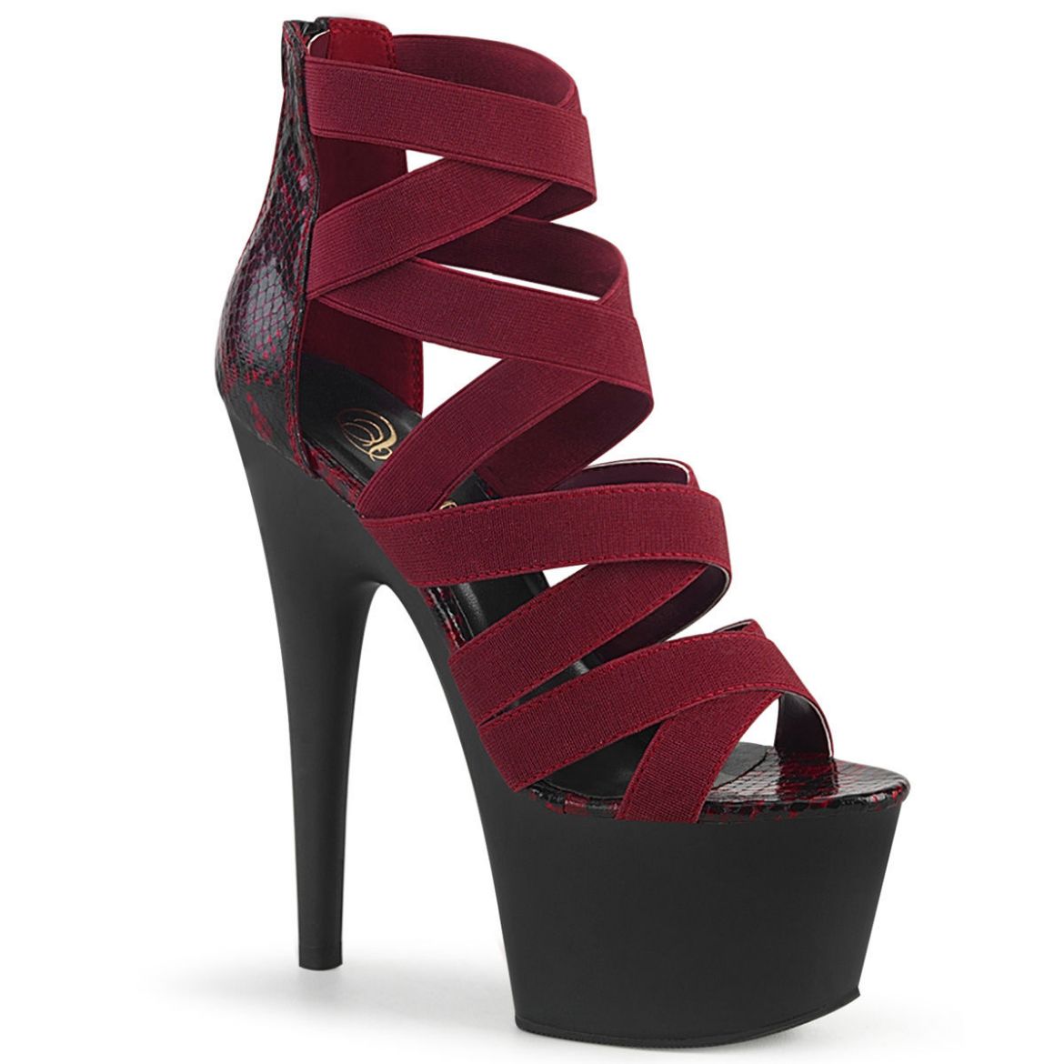 Product image of Pleaser ADORE-748SP Wine Elastic Band-Animal Print Print Patent/Black Matte 7 inch (17.8 cm) Heel 2 3/4 inch (7 cm) Platform Close Back Criss Cross Sandal Back Zip Shoes