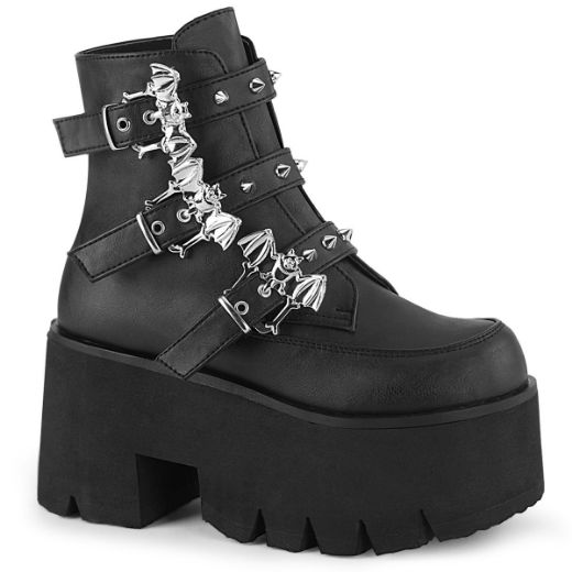 Product image of Demonia ASHES-55 Black Vegan Faux Leather 3 1/2 inch (9 cm) Chunky Heel Cut Out Platform Ankle Boot