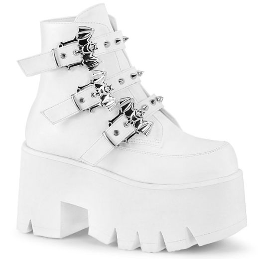 Product image of Demonia ASHES-55 White Vegan Faux Leather 3 1/2 inch (9 cm) Chunky Heel Cut Out Platform Ankle Boot