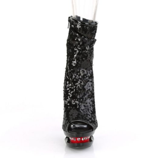 Product image of Pleaser BLONDIE-R-1008 Black Sequins/Black-Red 6 inch (15.2 cm) Heel 1 1/2 inch (3.8 cm) Platform Two Tone Sequins Open Toe Ankle Boot