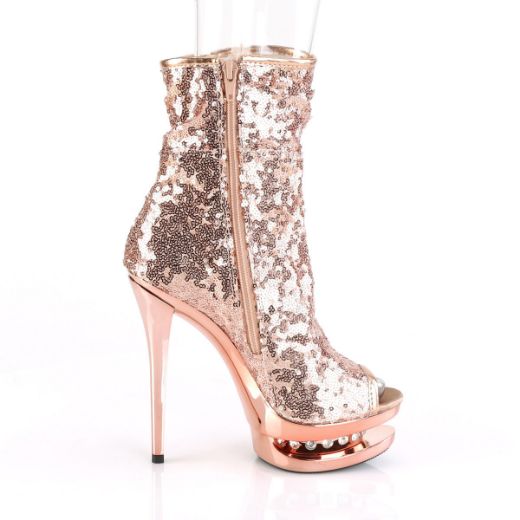 Product image of Pleaser BLONDIE-R-1008 Rose Gold Sequins/Rose Gold Chrome 6 inch (15.2 cm) Heel 1 1/2 inch (3.8 cm) Platform Sequins Open Toe Ankle Boot Side Zip