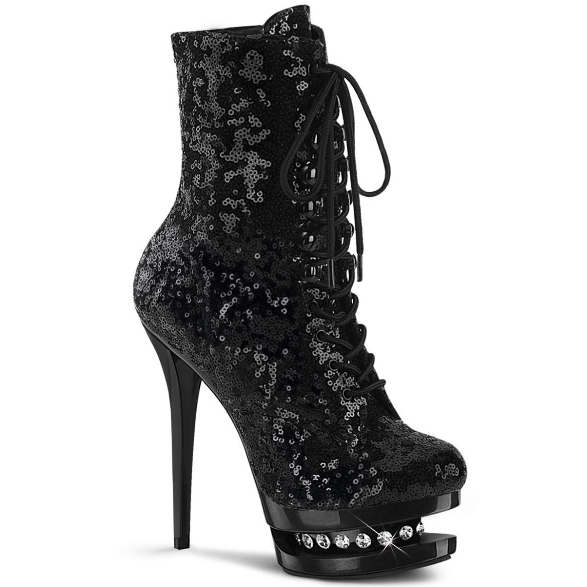 Product image of Pleaser BLONDIE-R-1020 Black Sequins/Black 6 inch (15.2 cm) Heel 1 1/2 inch (3.8 cm) Platform Lace-Up Sequins Ankle Boot Side Zip