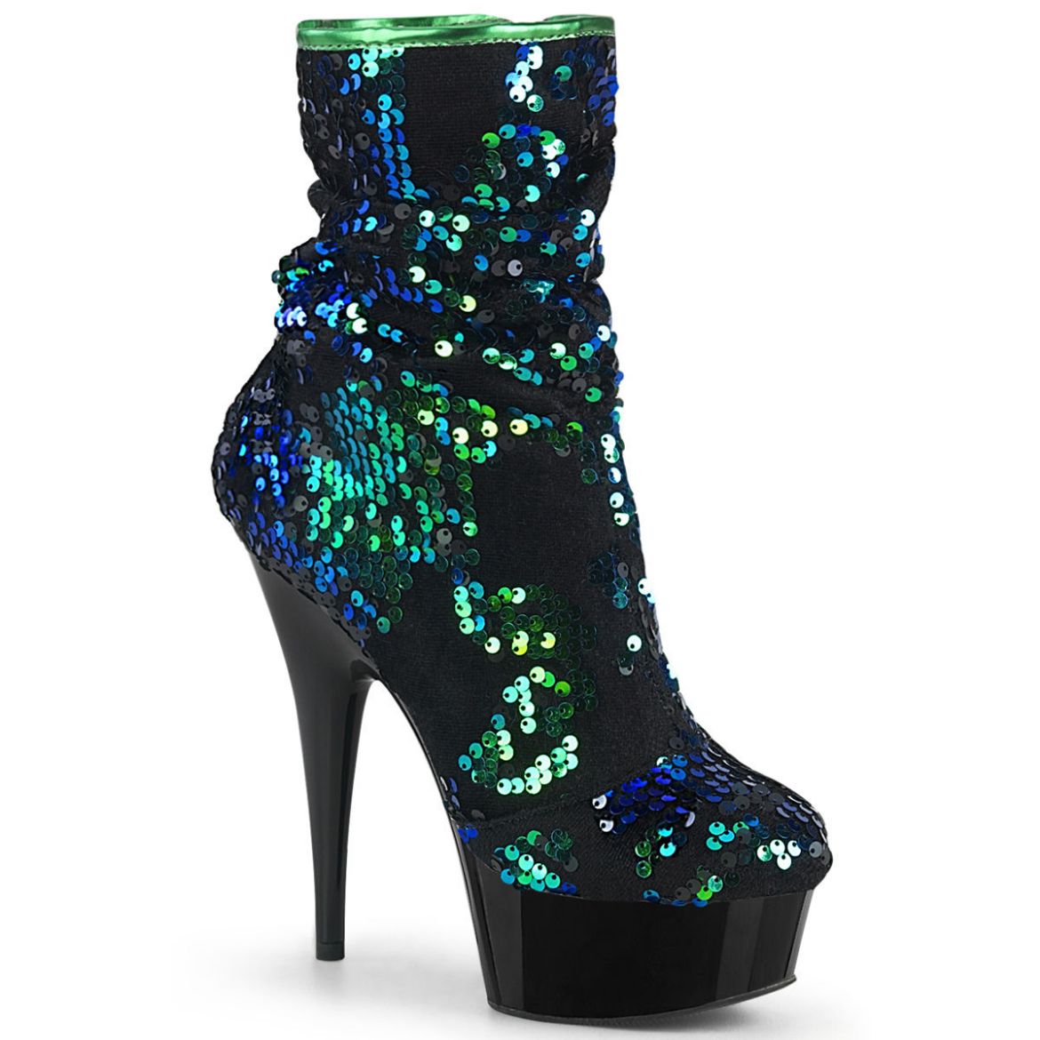 Product image of Pleaser DELIGHT-1004 Green Iridescent Sequins/Black 6 inch (15.2 cm) Heel 1 3/4 inch (4.5 cm) Platform Slouch Ankle Boot Side Zip