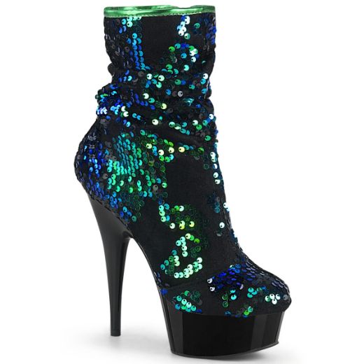 Product image of Pleaser DELIGHT-1004 Green Iridescent Sequins/Black 6 inch (15.2 cm) Heel 1 3/4 inch (4.5 cm) Platform Slouch Ankle Boot Side Zip