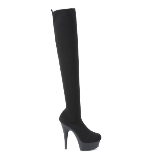 Product image of Pleaser DELIGHT-3002-1 Black Stretch Knit Fabric/Black Matte 6 inch (15.2 cm) Heel 1 3/4 inch (4.5 cm) Platform Pull-On Stretch Knit Thigh Boot Thigh High Boot