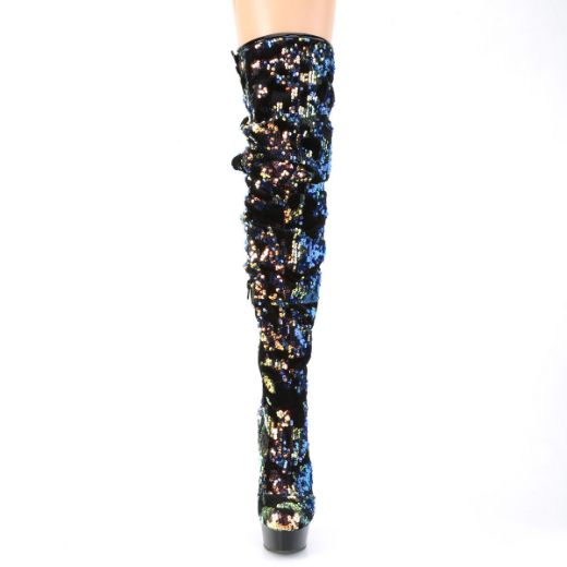 Product image of Pleaser DELIGHT-3004 Blue Iridescent Sequins/Black 6 inch (15.2 cm) Heel 1 3/4 inch (4.5 cm) Platform Slouch Thigh Boot Side Zip