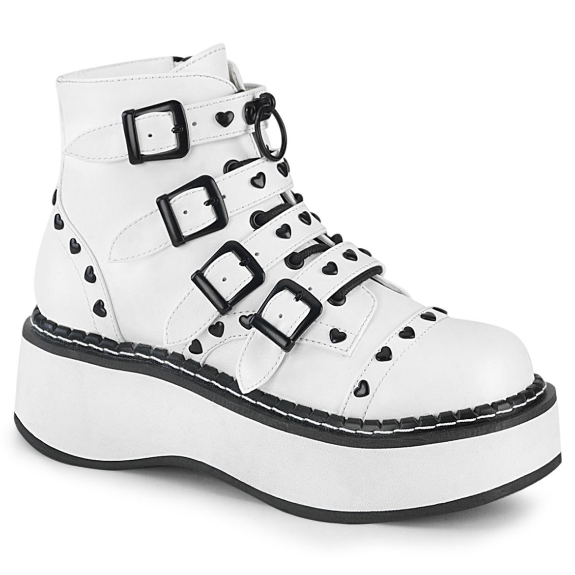 Product image of Demonia EMILY-315 White Vegan Faux Leather 2 inch Platform Lace-Up Front/Buckles Straps Ankle Boot Side Zip