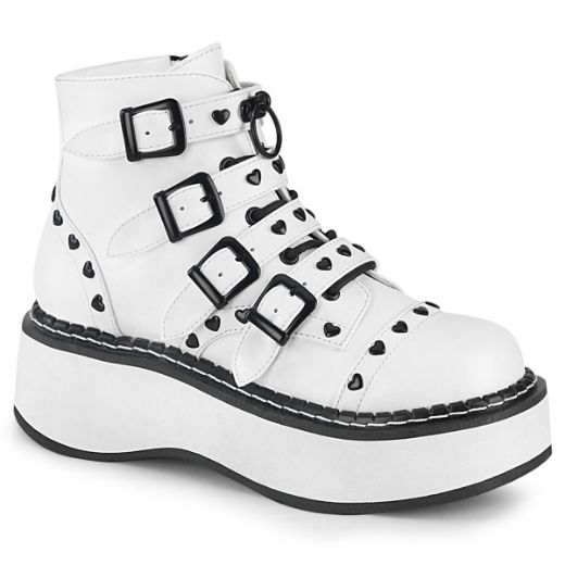 Product image of Demonia EMILY-315 White Vegan Faux Leather 2 inch Platform Lace-Up Front/Buckles Straps Ankle Boot Side Zip