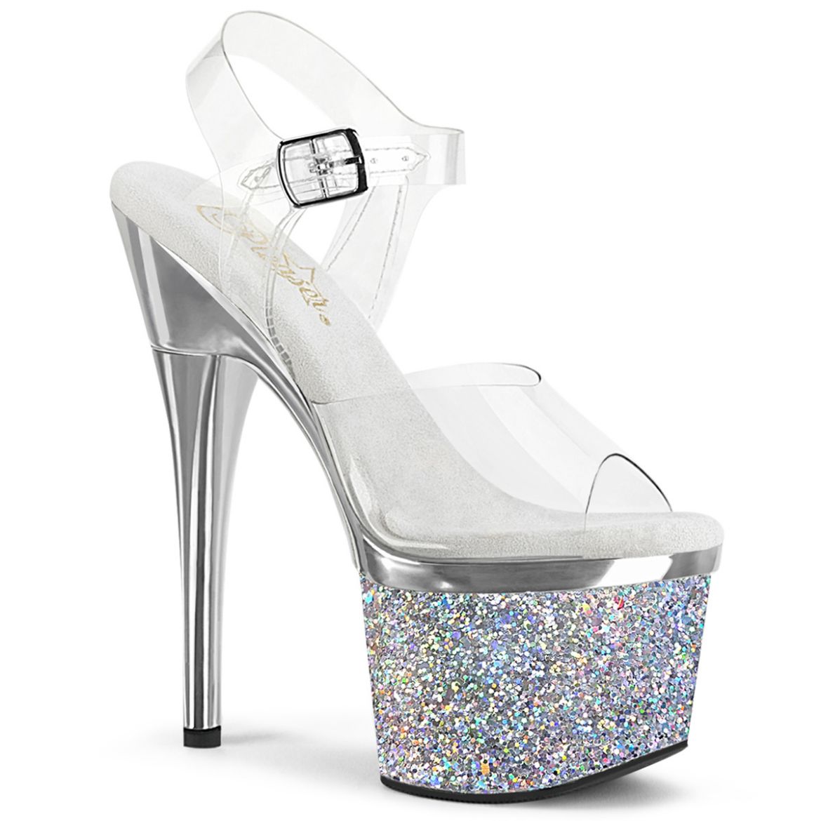 Product image of Pleaser ESTEEM-708CHLG Clear/Silver Chrome-Multicolour Glitter 7 inch (17.8 cm) Heel 3 inch (7.6 cm) Platform Ankle Strap Sandal