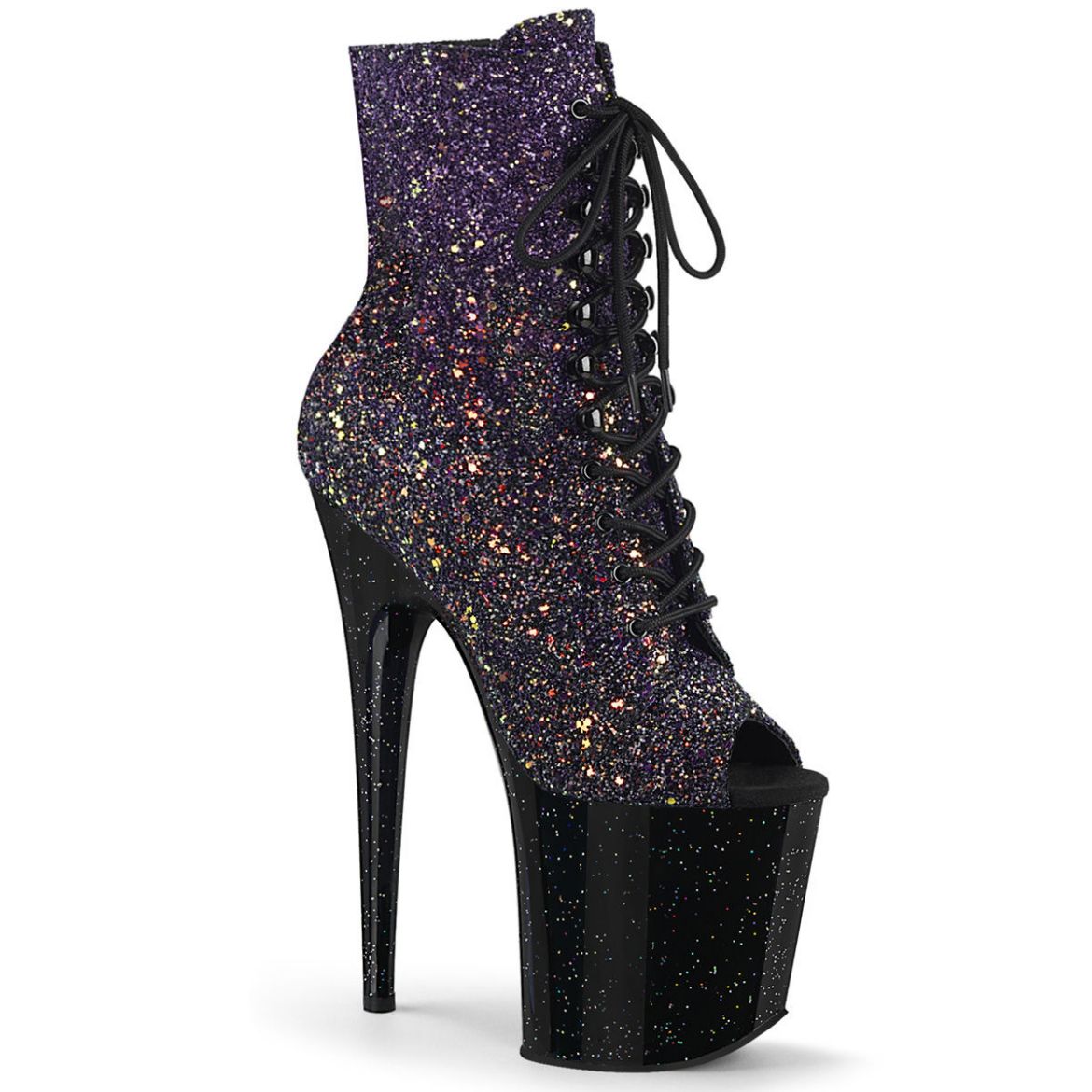 Product image of Pleaser FLAMINGO-1021OMBG Purple Multicolour Glitter/Black 8 inch (20 cm) Heel 4 inch (10 cm) Platform Peep Toe Lace-Up Ankle Boot Side Zip